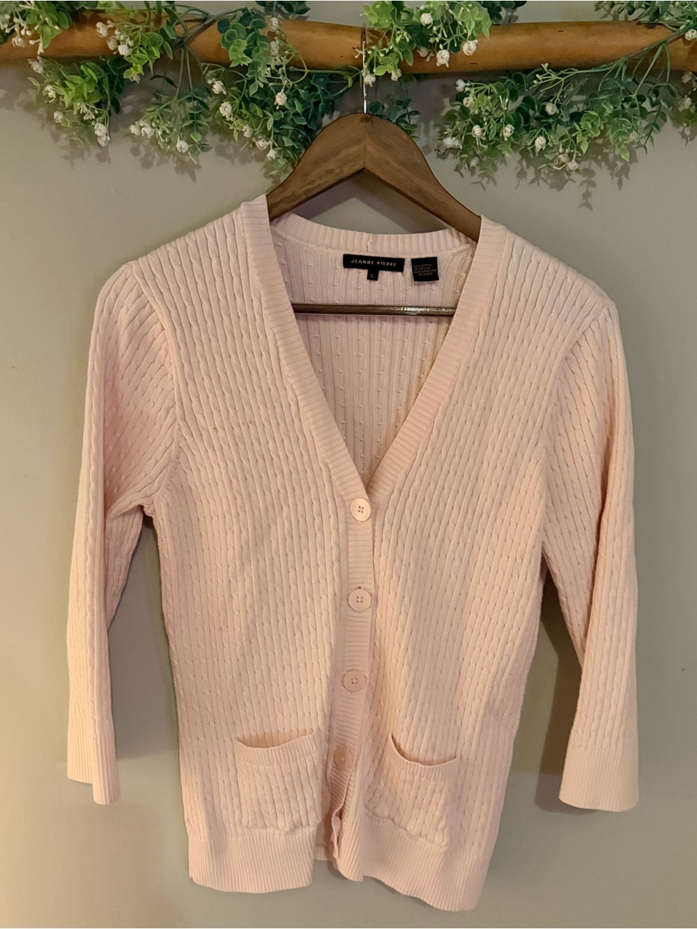 St. John Collection Pale Pink Ribbed V-Neck Button Cardigan